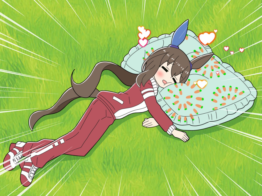 1girl =_= admire_vega_(umamusume) animal_ears blush brown_hair closed_eyes commentary_request ear_covers emphasis_lines full_body grass hair_ornament heart highres horse_ears horse_girl horse_tail jacket kudan_(kudan4429) long_sleeves lying on_side open_mouth pants pillow ponytail red_jacket red_pants shoes single_ear_cover solo tail tracen_training_uniform track_jacket track_pants umamusume yogibo