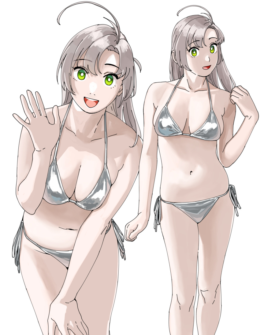 1girl ahoge alternate_costume bare_shoulders bikini breasts cleavage collarbone commentary_request cowboy_shot green_eyes highres kantai_collection kinugasa_(kancolle) large_breasts long_hair looking_at_viewer multiple_views navel ojipon open_mouth pink_hair side-tie_bikini_bottom silver_bikini simple_background smile swimsuit teeth upper_teeth_only waving white_background