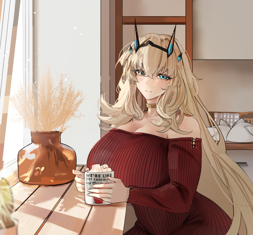 1girl absurdres bare_shoulders barghest_(fate) blonde_hair blush breasts cleavage collarbone cup fairy_knight_gawain_(like_a_lady)_(fate) fate/grand_order fate_(series) food green_eyes highres hot_chocolate huge_breasts jewelry long_hair long_sleeves looking_at_viewer marshmallow mug neck_ring obazzotto off-shoulder_sweater off_shoulder red_sweater ribbed_sweater smile solo sweater