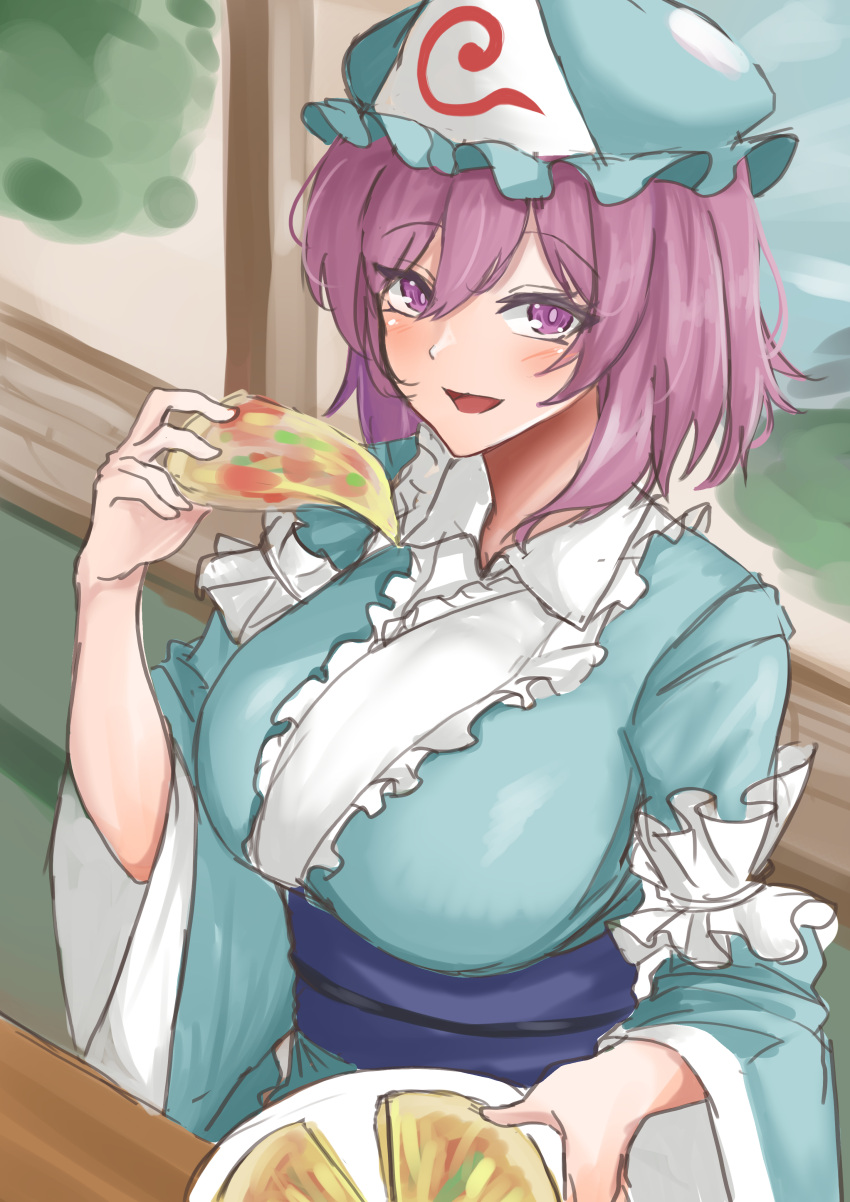 1girl absurdres blue_headwear blue_kimono breasts commentary_request eating food frilled_kimono frills hat highres japanese_clothes kimono kuraki mob_cap obi pink_eyes pink_hair pizza pizza_slice plate saigyouji_yuyuko sash sleeve_garter smile touhou triangular_headpiece wide_sleeves