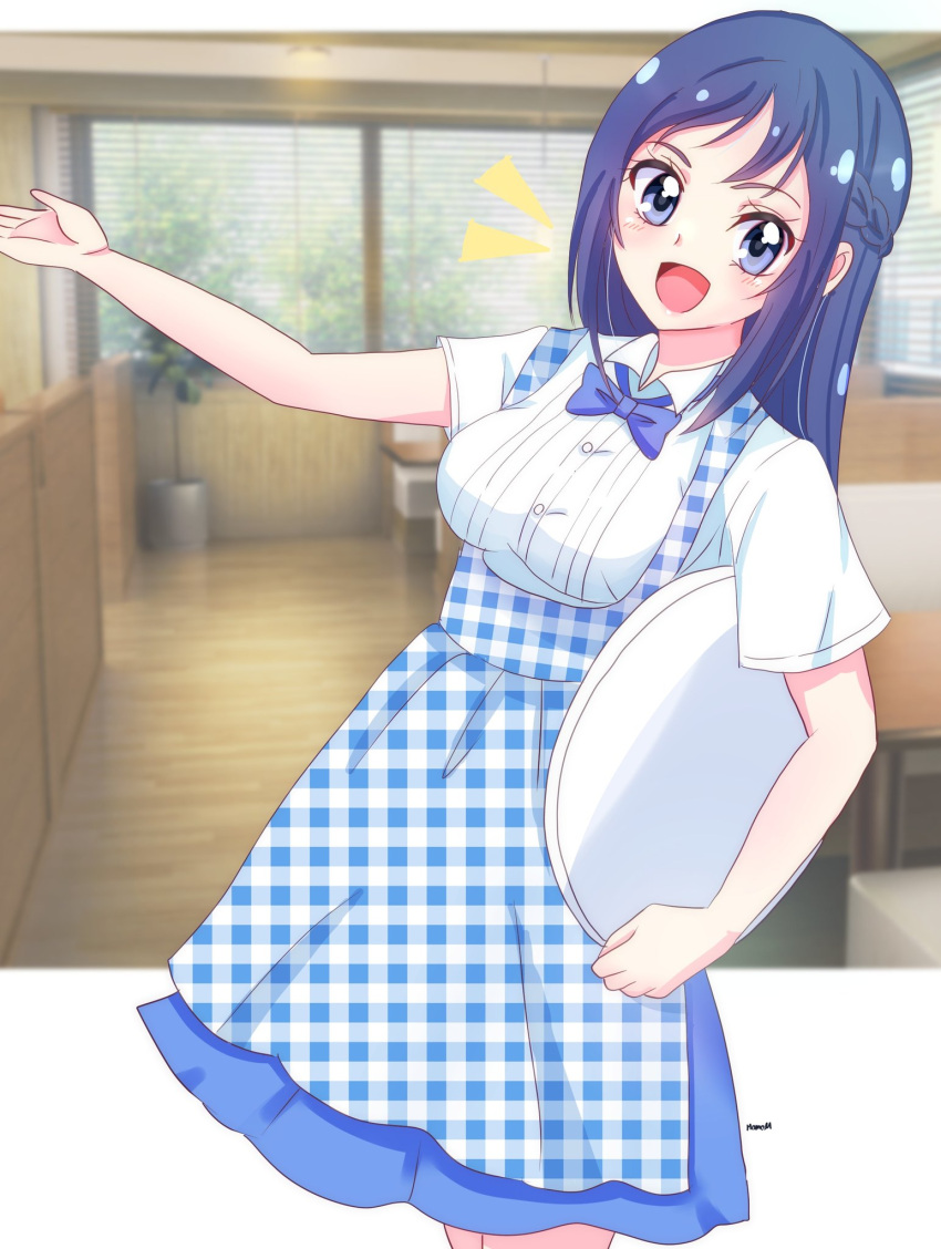 1girl apron blue_apron blue_bow blue_bowtie blue_eyes blue_hair blue_skirt blush bow bowtie breasts checkered_apron checkered_clothes dokidoki!_precure employee_uniform gingham_apron gingham_skirt high-waist_skirt highres hishikawa_rikka indoors kobeya_uniform long_hair looking_at_viewer medium_breasts momotarouooi plaid plaid_apron pleated_shirt precure restaurant shirt short_sleeves skirt smile solo tray uniform waitress white_shirt