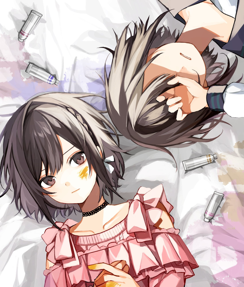 2girls aged_down black_choker bob_cut bow braid brown_eyes brown_hair choker closed_mouth covering_own_eyes highres kuuhaku_no_canvas_ni_egaku_watashi_wa_(project_sekai) long_sleeves lying multiple_girls on_back paint_on_body paint_tube pink_bow pink_shirt project_sekai sano_(ekk_fy) school_uniform serafuku shinonome_ena shirt short_hair sidelocks white_bow white_shirt