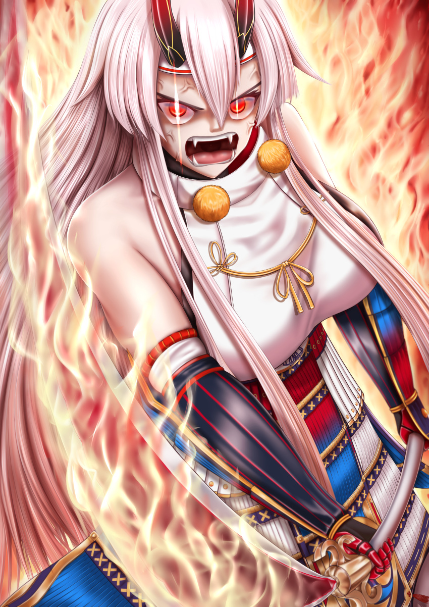 1girl absurdres anger_vein angry armor bare_shoulders breasts collarbone drummeratti2 fangs fate/grand_order fate_(series) fire flaming_weapon glowing glowing_eyes grey_eyes hair_between_eyes highres horns japanese_armor kote large_breasts long_hair looking_at_viewer naginata oni oni_horns open_mouth polearm red_eyes red_horns sidelocks solo tomoe_gozen_(fate) very_long_hair weapon