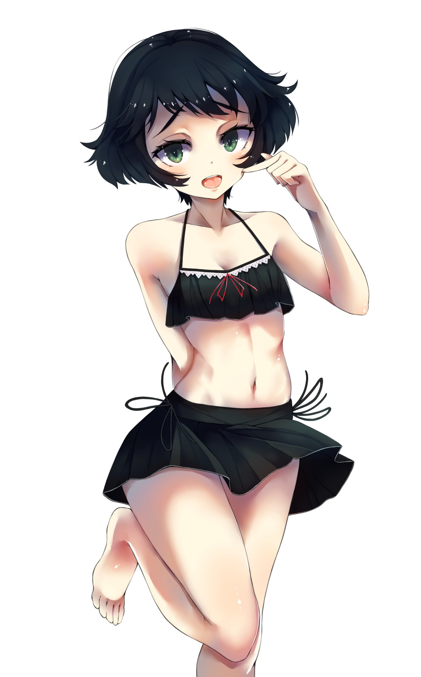 1girl :d absurdres arms_behind_back bare_shoulders barefoot bikini bikini_skirt black_bikini black_hair blush bob_cut bow bow_bikini breasts cleavage collarbone commentary eyelashes finger_to_cheek foot_out_of_frame foot_up frilled_bikini frills girls_und_panzer green_eyes halterneck hand_up highres light_blush looking_at_viewer midriff navel open_mouth raised_eyebrows red_bow red_ribbon ribbon sattinittas short_hair side-tie_bikini_bottom simple_background small_breasts smile solo standing standing_on_one_leg swimsuit thick_eyebrows toes utsugi_yuuki white_background