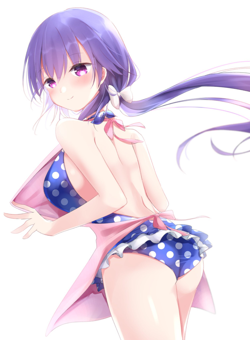 1girl apron apron_pull ass back backless_swimsuit bare_arms bare_shoulders blue_one-piece_swimsuit blush breasts closed_mouth commentary_request cowboy_shot eyelashes eyes_visible_through_hair floating_hair hair_between_eyes highres large_breasts long_hair looking_at_viewer low_ponytail mizuori_shizuku one-piece_swimsuit pink_apron pulled_by_self purple_eyes purple_hair shiny_skin sideboob simple_background smile solo standing summer_pockets swimsuit very_long_hair white_background yutori_z71