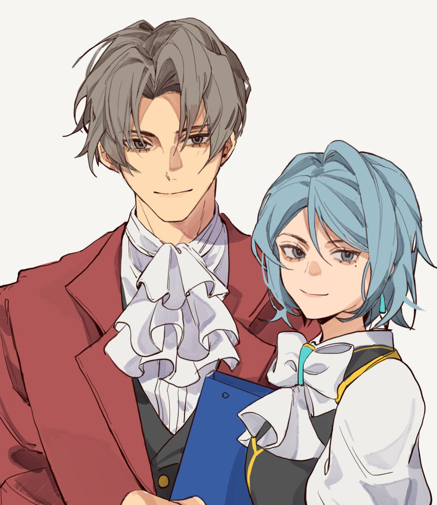 1boy 1girl ace_attorney ascot black_vest blue_eyes blue_hair bow bowtie buttons closed_mouth earrings franziska_von_karma grey_eyes grey_hair hair_intakes highres holding jacket jewelry kkkitsch41 lapels looking_at_viewer miles_edgeworth mole mole_under_eye parted_bangs red_jacket shirt short_hair simple_background smile suit_jacket upper_body vest waistcoat white_ascot white_background white_bow white_bowtie white_shirt wide_sleeves