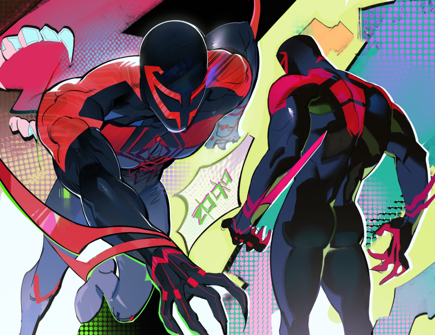 1boy absurdres ass back blue_bodysuit blue_octopus12 bodysuit highres large_pectorals male_focus marvel mask miguel_o'hara multicolored_bodysuit multicolored_clothes multiple_views muscular muscular_male pectorals red_bodysuit spider-man:_across_the_spider-verse spider-man:_into_the_spider-verse spider-man_(2099) spider-man_(series) two-tone_bodysuit