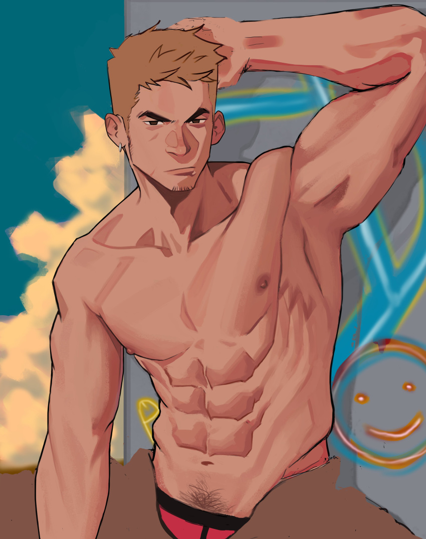 1boy absurdres arm_behind_head armpits bara cowboy_shot earrings edeued_(dpemrmfla) frown goatee_stubble groin highres jewelry light_brown_hair long_sideburns looking_at_viewer male_focus male_pubic_hair male_underwear male_underwear_pull mature_male muscular muscular_male nipples original pubic_hair red_male_underwear short_hair sideburns sideburns_stubble single_earring solo thick_eyebrows underwear