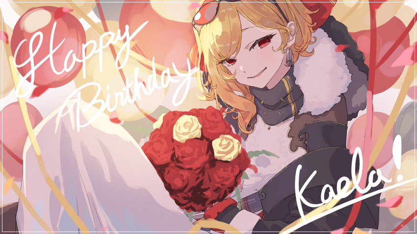 1girl balloon blonde_hair bouquet earrings eyewear_on_head flower fur_trim futomoy happy_birthday highres holding holding_bouquet hololive hololive_indonesia jewelry kaela_kovalskia kaela_kovalskia_(1st_costume) looking_at_viewer medium_hair open_mouth red_eyes rose smile solo