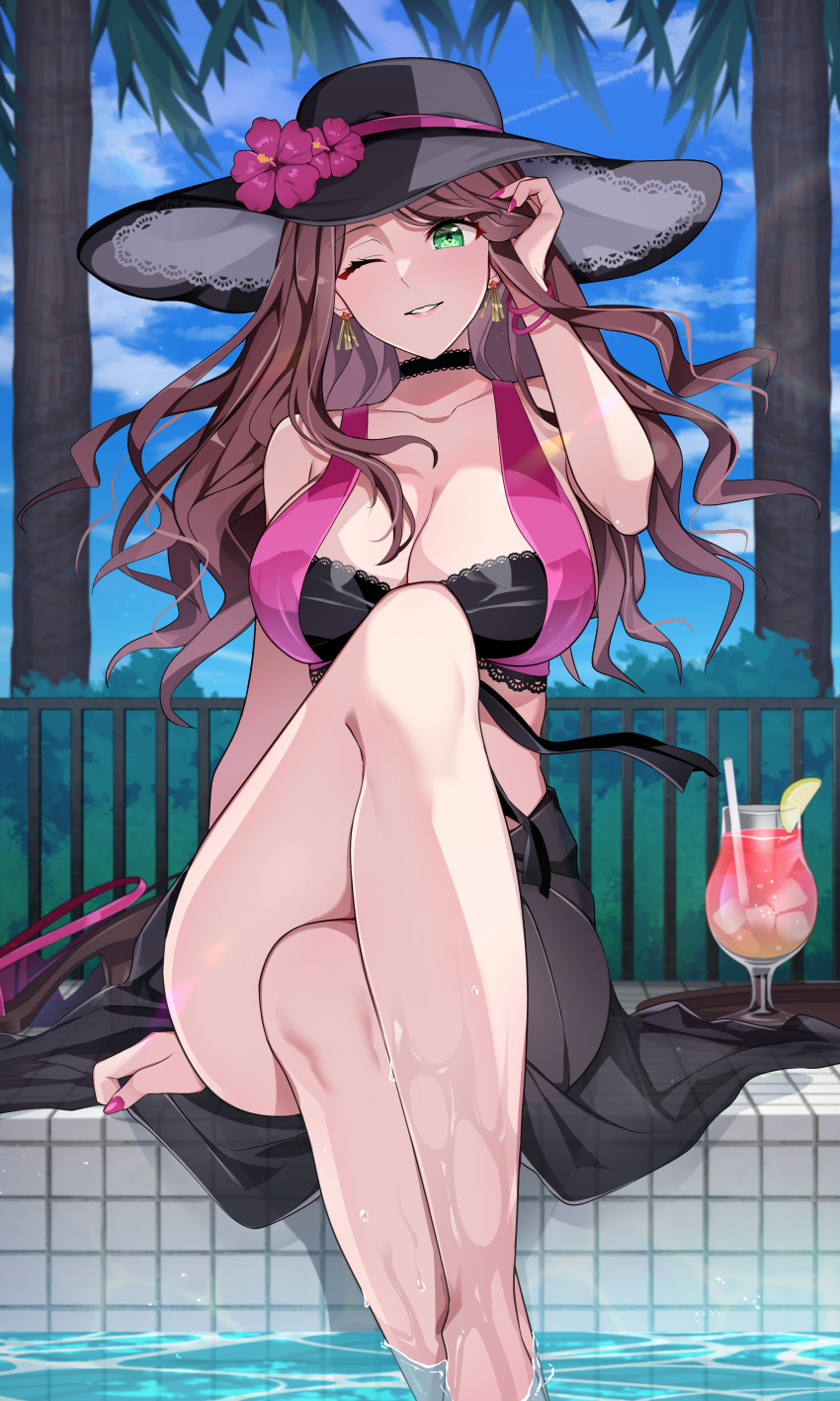 1girl absurdres breasts cleavage commission crossed_legs dorothea_arnault dorothea_arnault_(summer) drink fire_emblem fire_emblem:_three_houses fire_emblem_heroes green_eyes hand_in_own_hair hat highres official_alternate_costume one_eye_closed pool sarong shoes shoes_removed sitting skeb_commission swimsuit tobio_illust