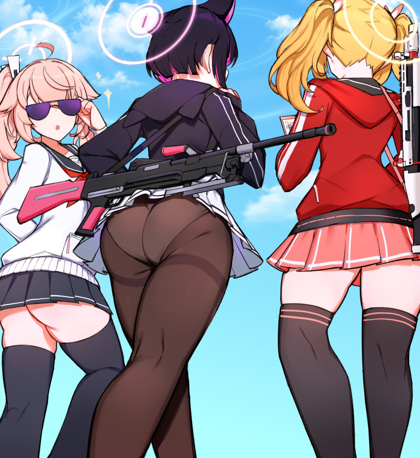 3girls adjusting_eyewear ahoge animal_ears ass assault_rifle back black_hair black_pantyhose black_skirt black_sweater black_thighhighs blonde_hair blue_archive blue_sky bren_lmg cat_ears cat_girl cellphone choumi_wuti_(xueye_fanmang_zhong) cloud cloudy_sky colored_inner_hair commentary_request fn_scar from_behind from_below gun hair_between_eyes hair_ornament hair_ribbon halo highres hood hooded_sweater kazusa_(blue_archive) long_hair long_sleeves looking_at_viewer looking_back multicolored_hair multiple_girls natsu_(blue_archive) outdoors panties panties_under_pantyhose pantyhose parted_lips phone pink_hair pink_skirt pleated_skirt red_sweater ribbon rifle school_uniform serafuku short_hair side_ponytail sidelocks skirt sky smartphone sunglasses sweater thighhighs triangle_mouth twintails two-tone_hair underwear walking weapon weapon_on_back white_skirt yoshimi_(blue_archive) zettai_ryouiki