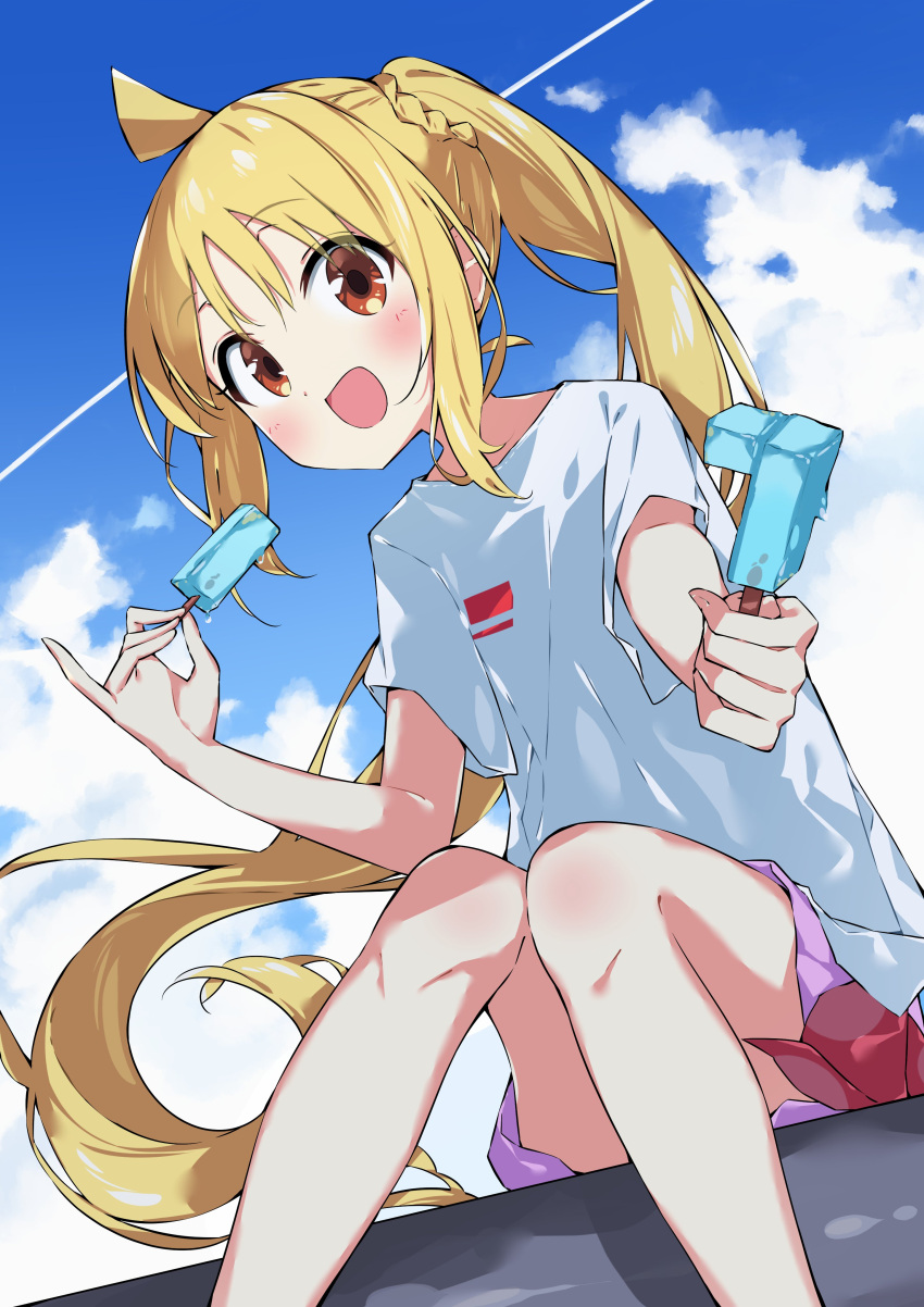 1girl :d absurdres ahoge blonde_hair blue_sky blush bocchi_the_rock! braid brown_eyes cloud cloudy_sky commentary_request contrail day double_popsicle feet_out_of_frame food highres holding holding_food ijichi_nijika knees_together_feet_apart long_hair looking_at_viewer outdoors popsicle purple_skirt shirt short_sleeves side_ponytail sitting skirt sky smile solo suta0822 unequal_popsicle_division very_long_hair white_shirt