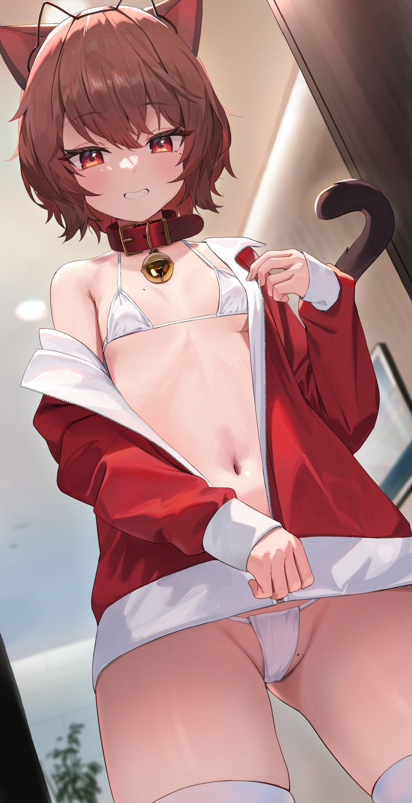 1girl absurdres animal_ears bare_shoulders bell bikini breasts brown_hair cat_ears cat_girl cat_tail collar commission cowboy_shot fake_animal_ears from_below grin hairband halterneck highres jacket jingle_bell long_sleeves looking_at_viewer minn_(kangjm1107) mole mole_on_breast mole_on_crotch navel off_shoulder original prunechi red_collar red_eyes red_jacket second-party_source short_hair small_breasts smile solo standing stomach string_bikini swimsuit tail thighhighs thighs unzipping white_bikini white_thighhighs