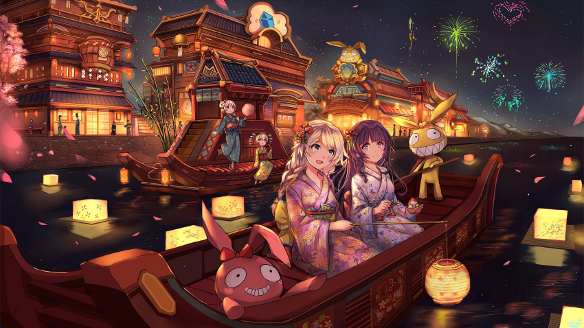 4girls absurdres architecture artist_request black_bow boat bow bronya_zaychik closed_mouth doll drill_hair east_asian_architecture fireworks flower fox_mask full_body geta green_kimono grey_eyes grey_hair hair_bow hair_flower hair_ornament highres holding holding_lantern homei_(honkai_impact) homu_(honkai_impact) honkai_(series) honkai_impact_3rd japanese_clothes kiana_kaslana kimono lantern lantern_festival long_hair long_sleeves mask multiple_girls night night_sky obi open_clothes people petals pink_flower pink_kimono polka_dot polka_dot_bow purple_kimono raiden_mei sash sitting sky smile socks source_request standing standing_on_one_leg star_(sky) starry_sky tabi temple theresa_apocalypse twin_drills watercraft white_socks yellow_kimono