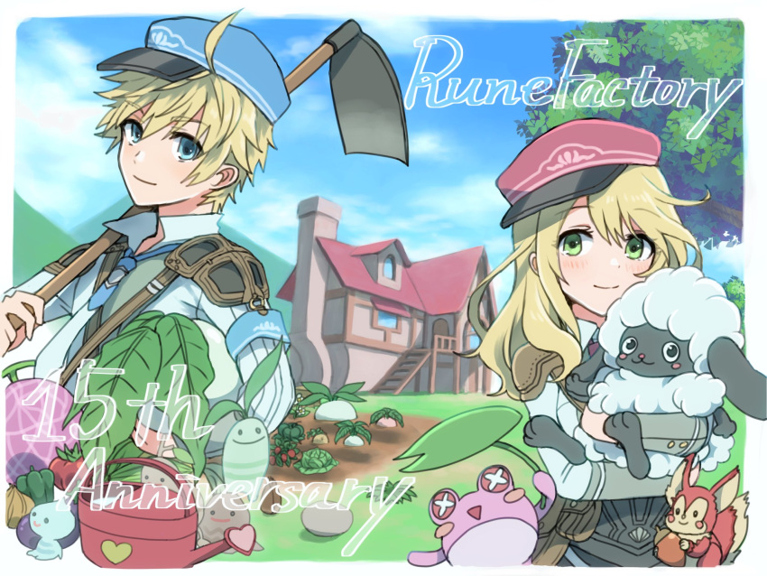 1boy 1girl alice_(rune_factory) animal anniversary apo_518 ares_(rune_factory) armband armor blonde_hair blue_eyes blue_headwear blue_necktie blue_sky blush border cabbage cantaloupe chestnut closed_mouth cloud collared_shirt copyright_name crops day farm food frog fruit green_eyes hat highres hoe holding holding_animal holding_hoe house long_hair long_sleeves looking_at_viewer melon necktie outdoors peaked_cap red_headwear rock rune_factory rune_factory_5 sheep shirt short_hair shoulder_armor sky smile squirrel standing tree turnip watering_can white_border white_shirt