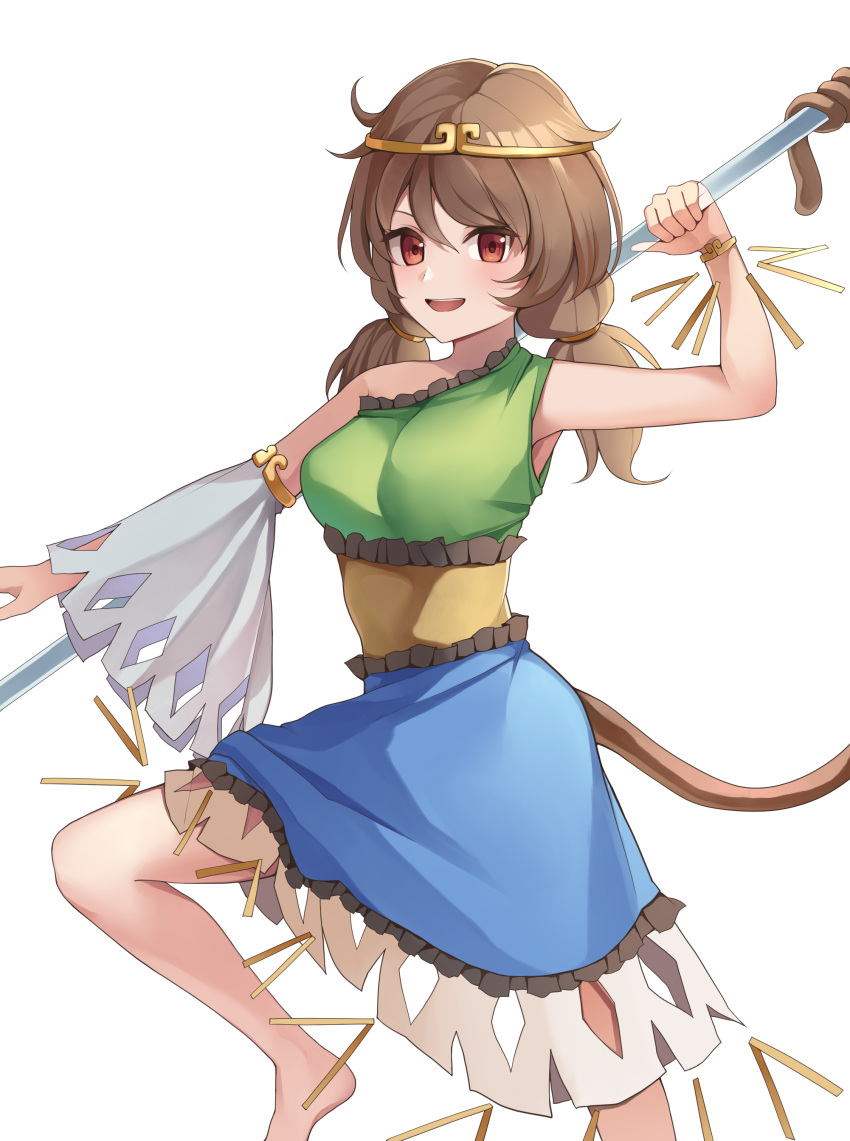 1girl absurdres barefoot blue_dress brown_eyes brown_hair circlet detached_sleeves dress green_dress hair_between_eyes highres koizumo long_hair low_twintails monkey_tail multicolored_clothes multicolored_dress open_mouth simple_background single_detached_sleeve smile solo son_biten tail touhou twintails white_background white_sleeves yellow_dress