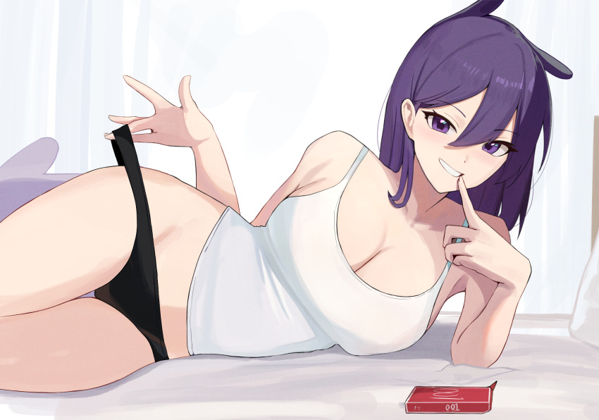 1girl bare_arms black_panties breasts camisole cleavage condom_box finger_to_mouth grin hair_between_eyes highres hololive hololive_english koupi_(ku_roiko) ku_roiko large_breasts long_hair looking_at_viewer lying on_side panties personification purple_eyes purple_hair smile solo takodachi_(ninomae_ina'nis) underwear white_camisole