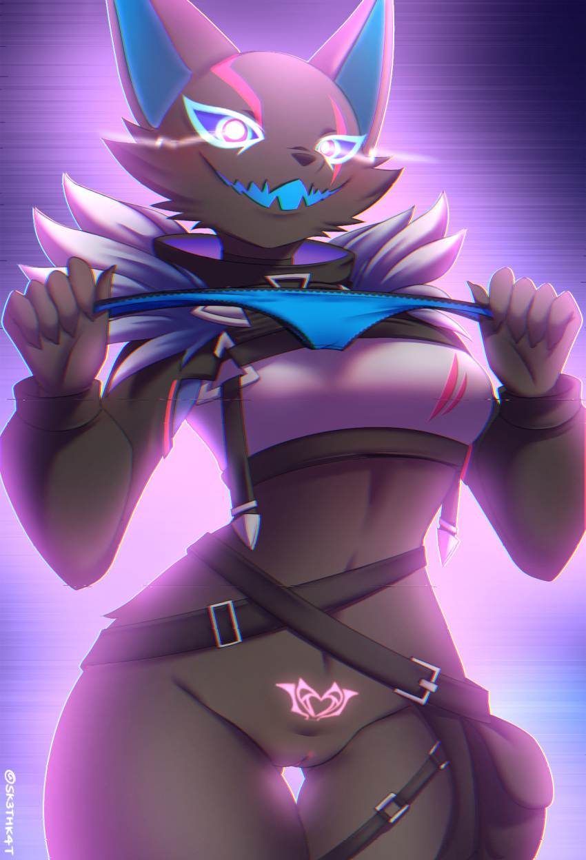 anthro barely_visible_genitalia barely_visible_pussy bottomless canid canine canis clothed clothing epic_games female fortnite genitals half_naked hi_res mammal pack_leader_highwire panties pussy scar sk3tchk4t solo tattoo underwear wolf womb_tattoo