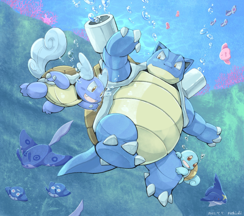 air_bubble alomomola blastoise bubble coral corsola dated evolutionary_line finneon fish highres katkichi luvdisc mantine mantyke no_humans open_mouth outdoors pokemon pokemon_(creature) sharpedo squirtle underwater wartortle