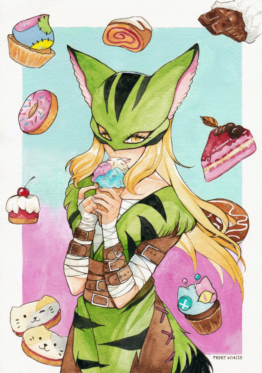 1girl absurdres artist_name bandages blonde_hair cake cake_slice cat_mask dated digimon digimon_(creature) doughnut faynt food highres holding holding_food holding_ice_cream ice_cream long_hair mask original solo yellow_eyes