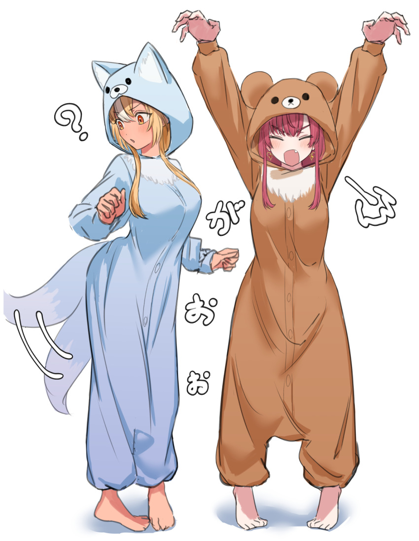 2girls animal_costume animal_ears bare_shoulders bear_costume blonde_hair blush dark-skinned_female dark_skin gao highres hololive houshou_marine long_hair multicolored_hair multiple_girls open_mouth red_hair shino_12a shiranui_flare simple_background streaked_hair tail tail_wagging virtual_youtuber white_background wolf_costume