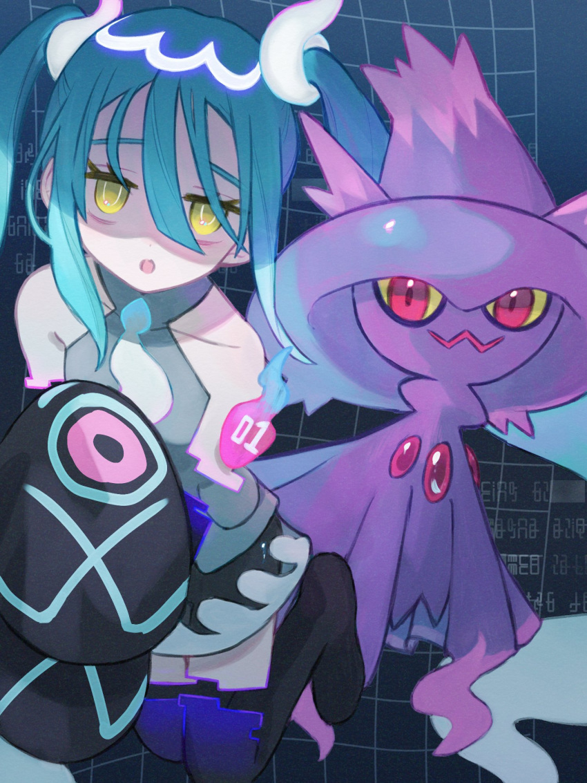 1girl aqua_hair bare_shoulders black_thighhighs detached_sleeves ghost ghost_miku_(project_voltage) glitch grey_shirt hair_between_eyes hatsune_miku highres long_hair looking_at_viewer mismagius necktie open_mouth pale_skin pokemon pokemon_(creature) project_voltage red_eyes see-through see-through_skirt shirt skirt sleeves_past_fingers sleeves_past_wrists thighhighs twintails umenoki_01 very_long_hair vocaloid will-o'-the-wisp_(mythology) yellow_eyes
