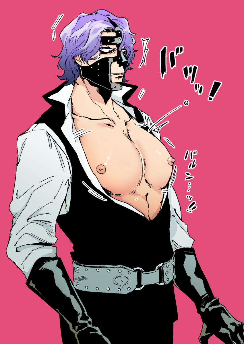 1boy abs alternate_pectoral_size bara bare_pectorals belt feet_out_of_frame from_side gloves highres large_pectorals leather leather_pants looking_ahead male_focus mitaka_1006 motion_lines nipples one_piece pants partially_unbuttoned pectorals pink_background short_hair solo spandam standing