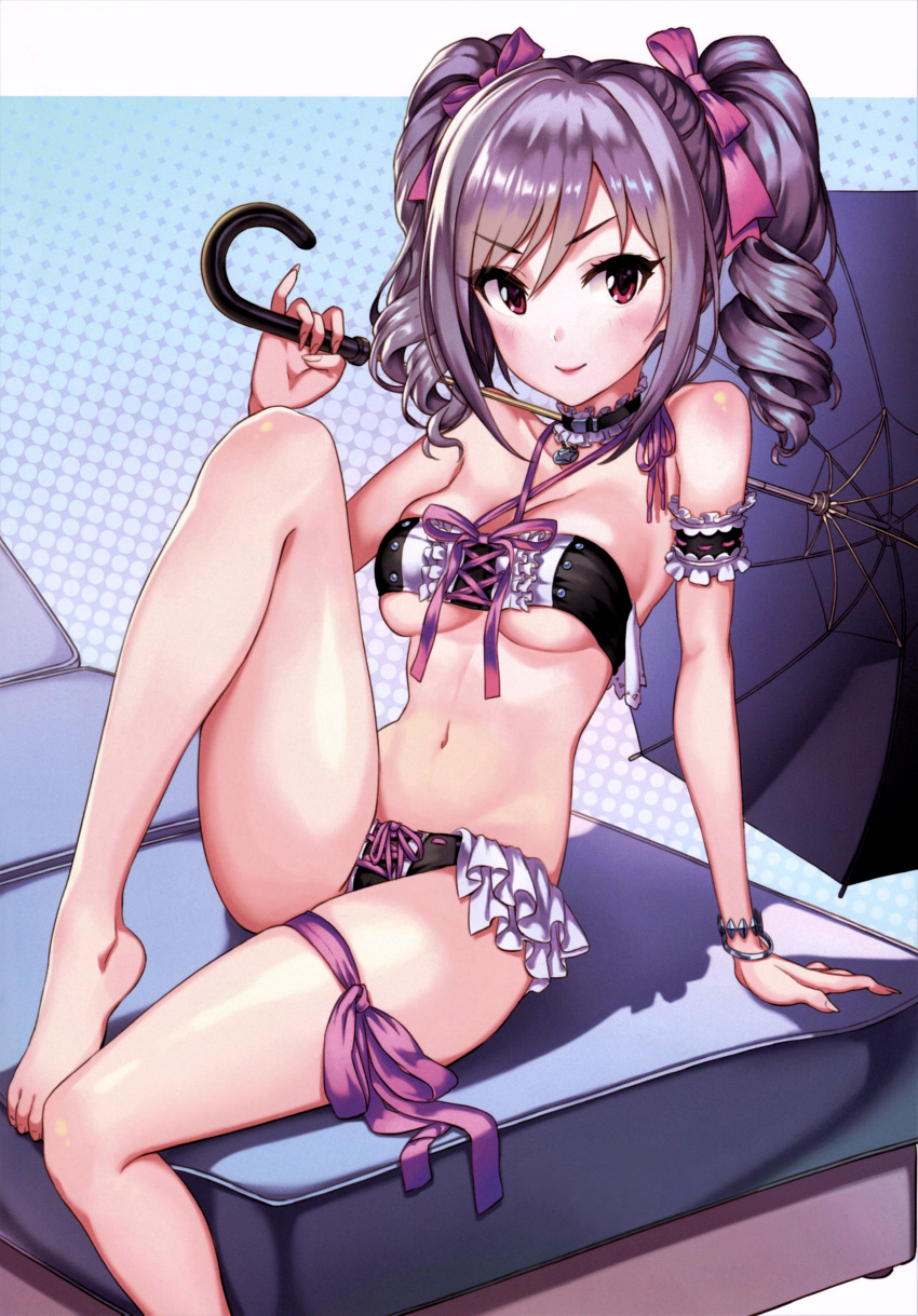 1girl absurdres arm_garter arm_support bandeau bangle bare_arms bare_legs bare_shoulders barefoot bikini blush bracelet breasts choker closed_mouth criss-cross_halter cross-laced_clothes drill_hair frilled_bikini frilled_choker frills grey_hair groin hair_between_eyes hair_ribbon halterneck hamahama highres holding holding_umbrella idolmaster idolmaster_cinderella_girls jewelry kanzaki_ranko knee_up leg_ribbon long_hair looking_at_viewer medium_breasts navel pinky_out purple_ribbon red_eyes ribbon scan shadow sidelocks sitting skindentation smile solo stomach swimsuit thighs twin_drills twintails umbrella