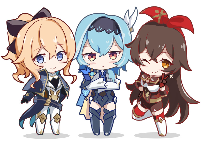 3girls amber_(100_outrider)_(genshin_impact) amber_(genshin_impact) annoyed black_bow black_hairband blonde_hair blue_eyes blue_hair blue_thighhighs boots bow brown_hair chibi closed_mouth eula_(genshin_impact) full_body genshin_impact hairband highres jean_(genshin_impact) jean_(gunnhildr's_legacy)_(genshin_impact) long_hair long_sleeves looking_at_viewer medium_hair mon-chan multiple_girls one_eye_closed pants red_bow red_thighhighs simple_background smile sparkle standing thighhighs v white_background white_pants yellow_eyes