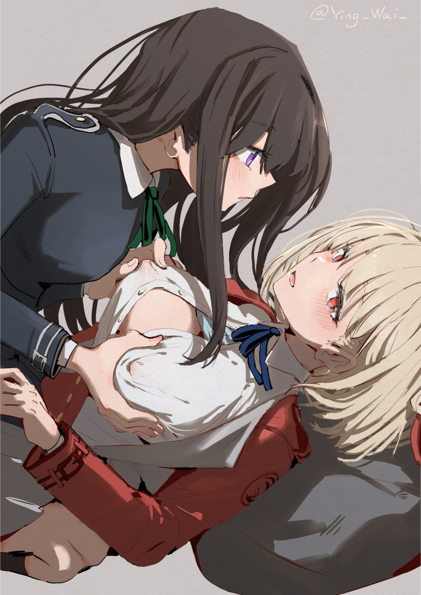 2girls assertive_female black_hair blonde_hair blue_eyes blush bow breast_grab breasts breasts_apart covered_nipples girl_on_top grabbing highres inoue_takina large_breasts long_hair long_sleeves looking_at_another looking_away lycoris_recoil lycoris_uniform lying medium_breasts multiple_girls nipple_tweak nishikigi_chisato no_bra open_clothes open_mouth partially_undressed red_eyes see-through short_hair signature simple_background twitter_username undressing ying_(suetmo) yuri