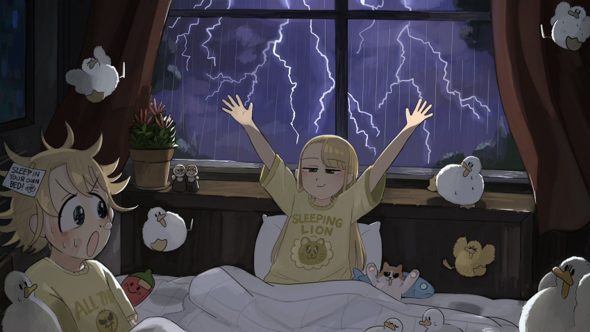 2girls :o bird blonde_hair blue_eyes cat chicken clumsy_nun_(diva) diva_(hyxpk) duck duckling english_commentary highres lightning little_nuns_(diva) long_hair messy_hair multiple_girls pajamas rain short_hair smile spicy_nun_(diva) storm window yellow_eyes yellow_pajamas