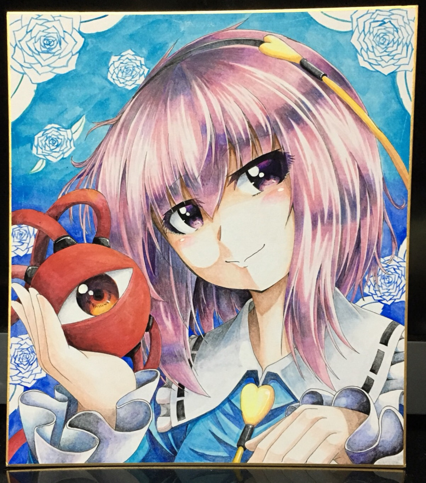 1girl 283win acrylic_paint_(medium) black_hairband blue_background closed_mouth colored_pencil_(medium) commentary_request hairband heart highres komeiji_satori long_sleeves looking_at_viewer painting_(medium) photo_(medium) pink_eyes pink_hair shikishi smile solo touhou traditional_media upper_body