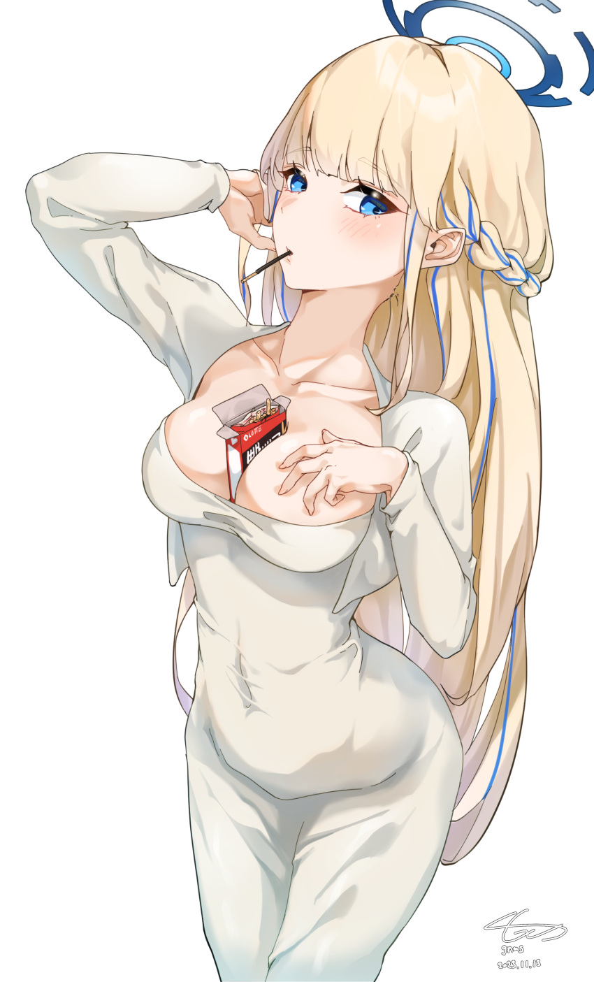 1girl absurdres artist_name between_breasts blonde_hair blue_archive blue_eyes blue_hair braid breasts collarbone cosplay dated dongtan_lady_(k_pring) dongtan_lady_(k_pring)_(cosplay) dress food gnas_(gnas_0912) halo highres long_hair long_sleeves medium_breasts multicolored_hair pocky signature simple_background solo streaked_hair toki_(blue_archive) white_background white_dress