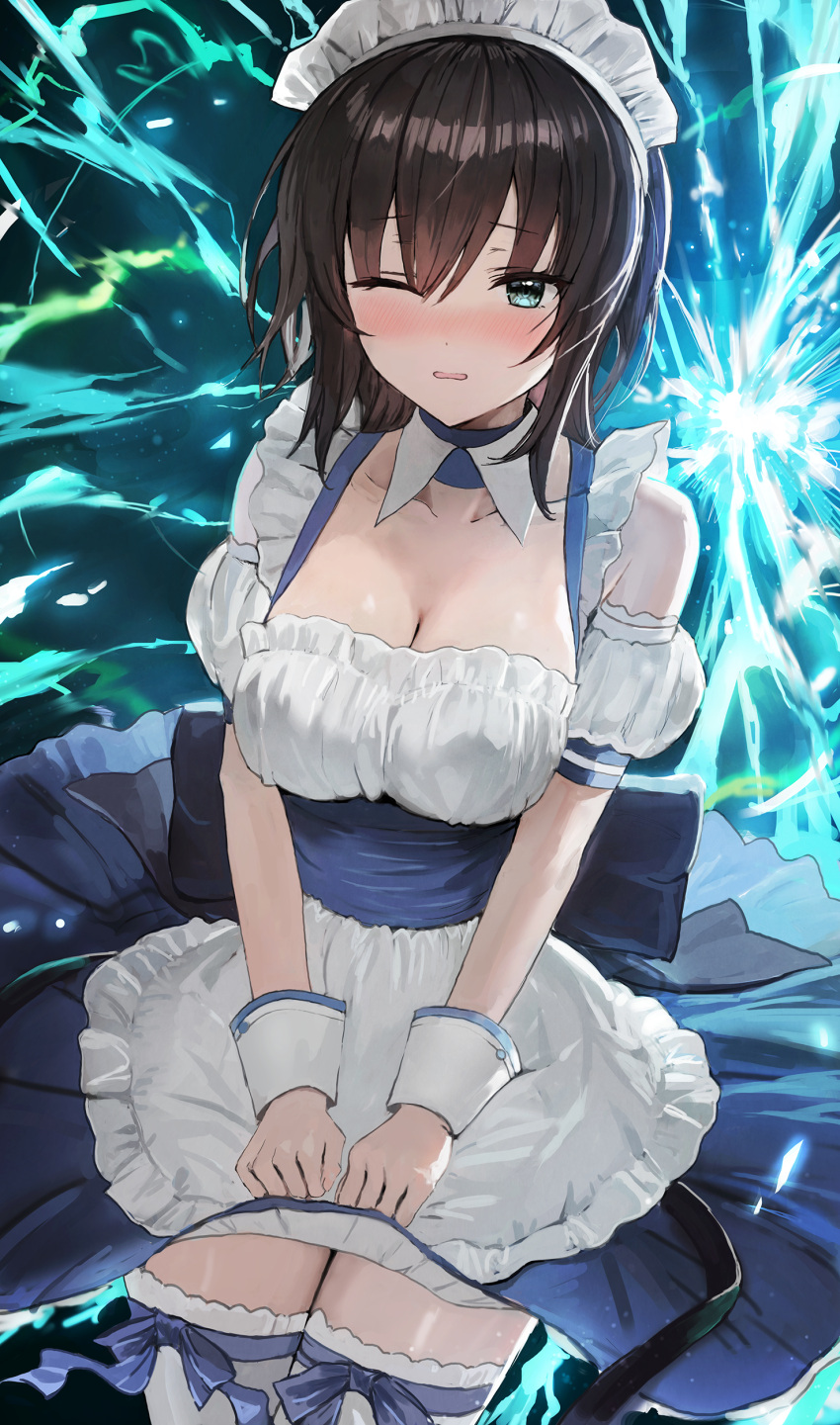 1girl absurdres aoi_erika apron blue_dress blue_eyes blush breasts brown_hair cleavage detached_collar detached_sleeves dress frilled_apron frills heaven_burns_red highres large_breasts looking_at_viewer maid maid_apron maid_headdress medium_hair one_eye_closed open_mouth solo sonchi thighhighs white_apron white_thighhighs