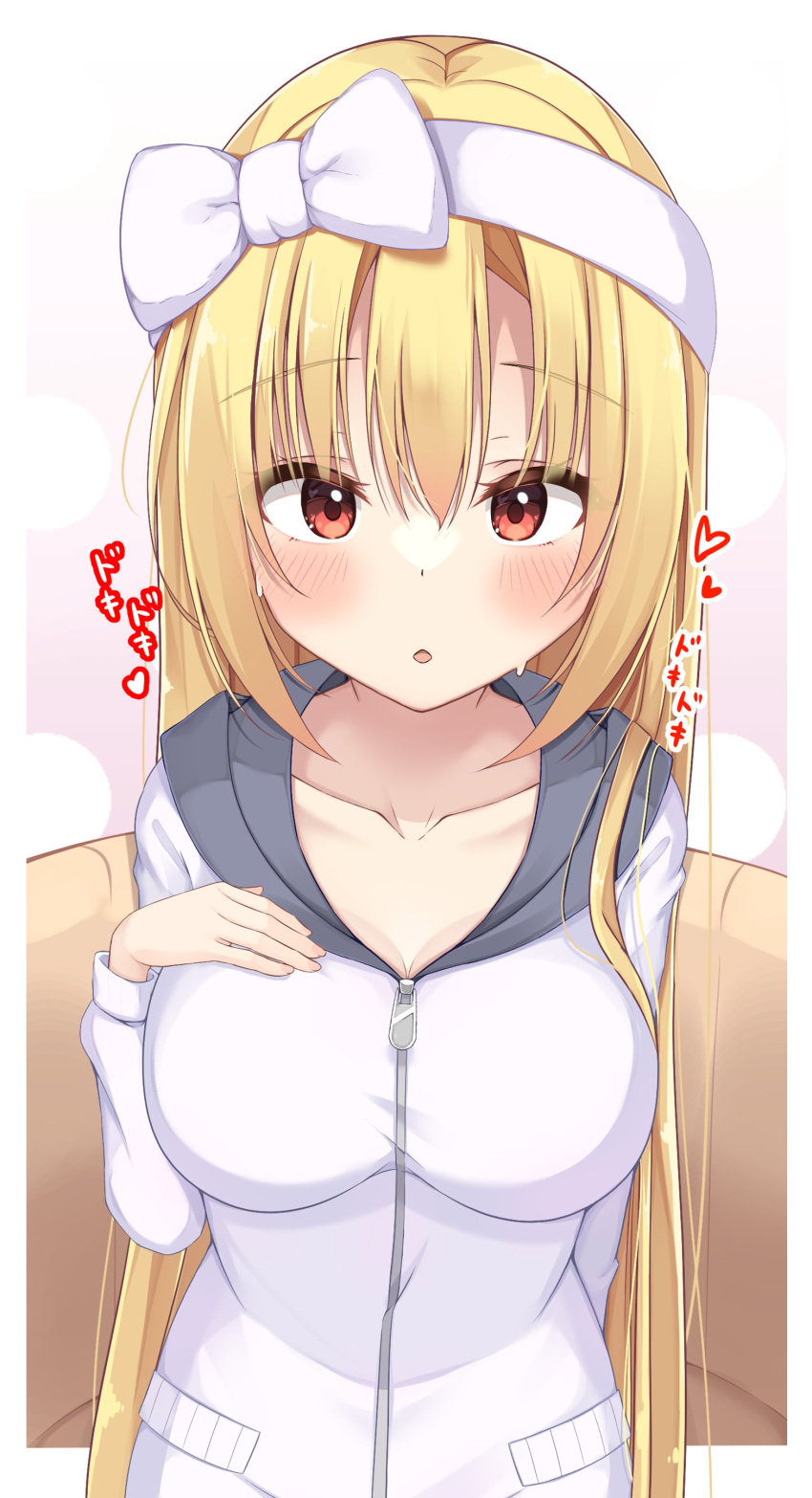 1girl absurdres arihara_nanami blonde_hair blush bow breast_hold breasts casual cleavage collarbone commentary double-parted_bangs eyes_visible_through_hair fingernails hair_between_eyes hair_bow hairband heart highres hood hood_down hooded_jacket jacket large_breasts long_hair looking_at_viewer open_mouth red_eyes riddle_joker sidelocks simple_background solo sound_effects straight-on straight_hair sweat upturned_eyes very_long_hair white_background white_bow white_hairband white_jacket yosh1na zipper