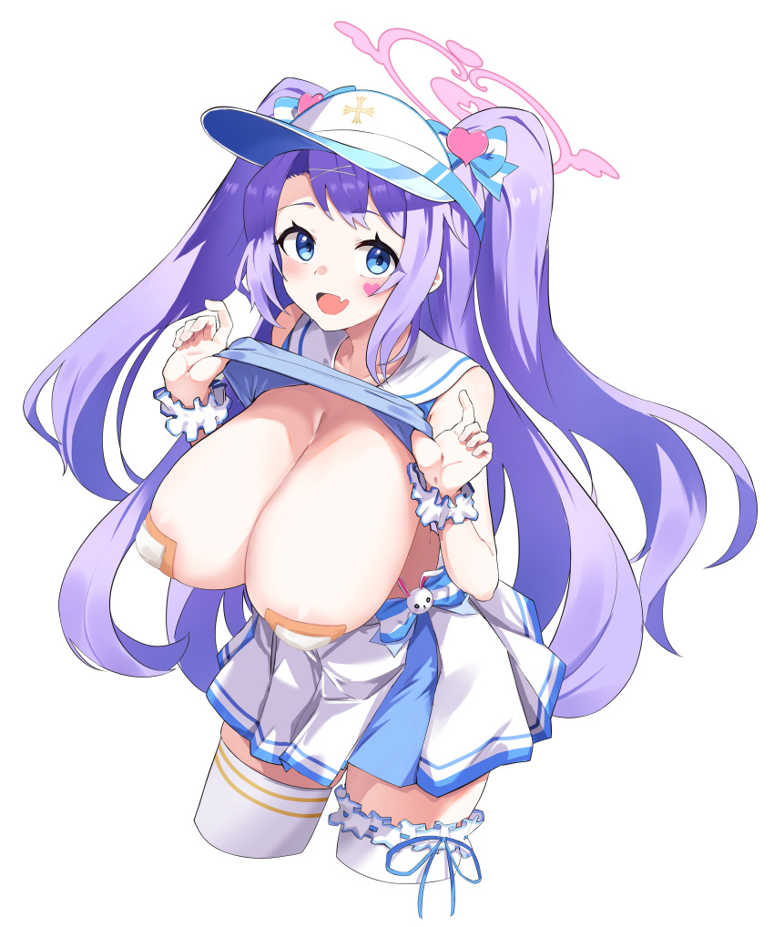 1girl 96nokimihito :d absurdres blue_archive blue_eyes blue_shirt breasts clothes_lift commentary_request fang hanae_(blue_archive) hanae_(cheer_squad)_(blue_archive) heart_sticker highres huge_breasts lifted_by_self long_hair looking_at_viewer open_mouth purple_hair scrunchie shirt shirt_lift skin_fang smile solo sticker_on_face visor_cap white_scrunchie wrist_scrunchie