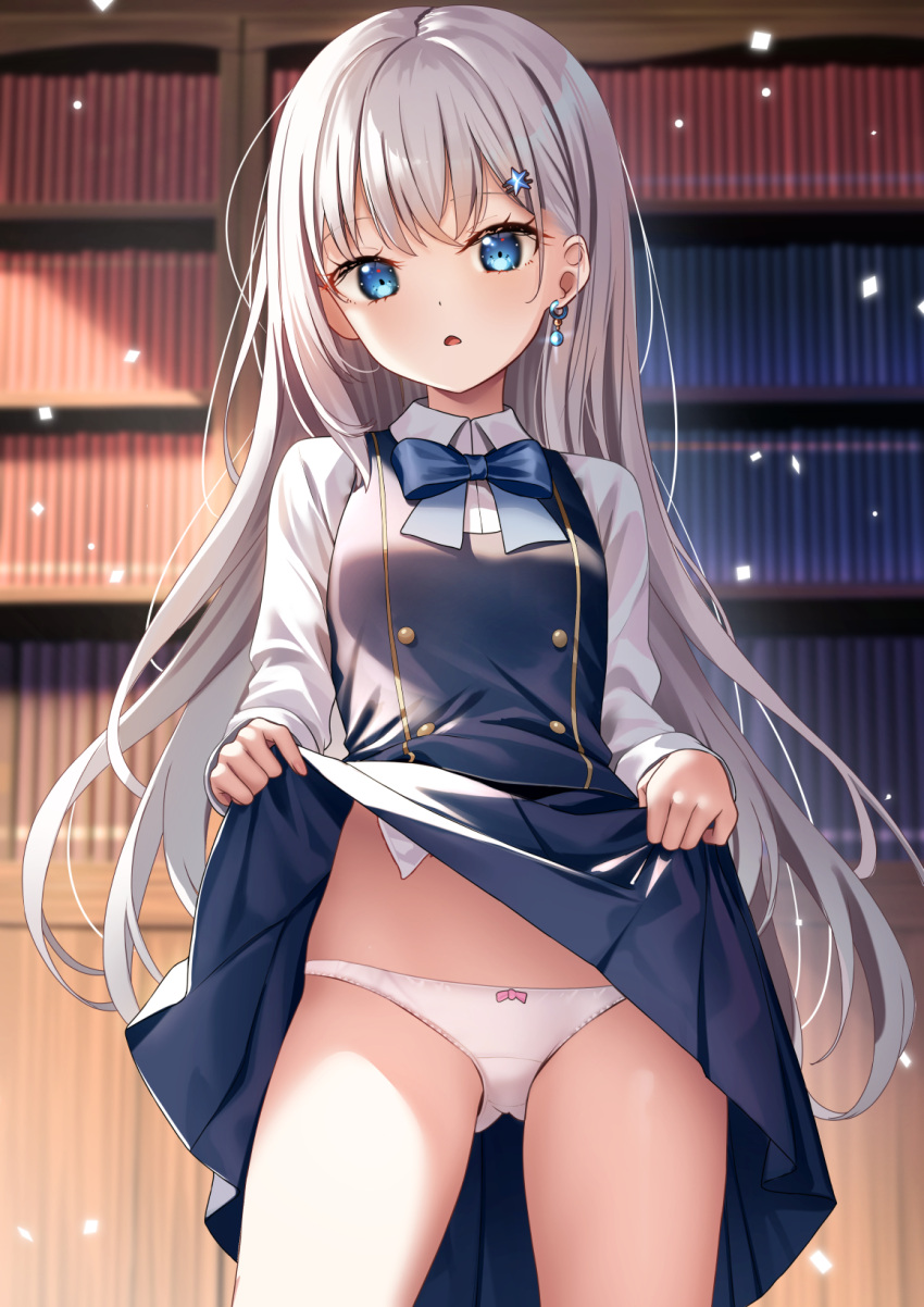 1girl blue_bow blue_bowtie blue_dress blue_eyes bookshelf bow bow_panties bowtie clothes_lift commentary_request dress dress_lift earrings hair_ornament hairclip highres indoors jewelry lifted_by_self light_rays long_hair long_sleeves looking_at_viewer original panties school_uniform shirt single_earring star_(symbol) star_hair_ornament underwear very_long_hair white_hair white_panties white_shirt yan_(nicknikg)