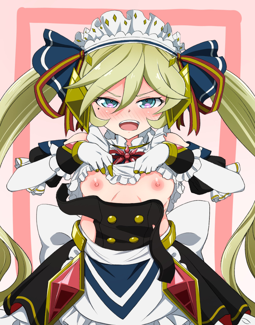 1girl absurdres blonde_hair blue_eyes blush breasts carol_malus_dienheim clothes_lift goounagi highres long_hair looking_at_viewer maid maid_headdress nipples open_mouth senki_zesshou_symphogear shirt_lift small_breasts smile solo twintails