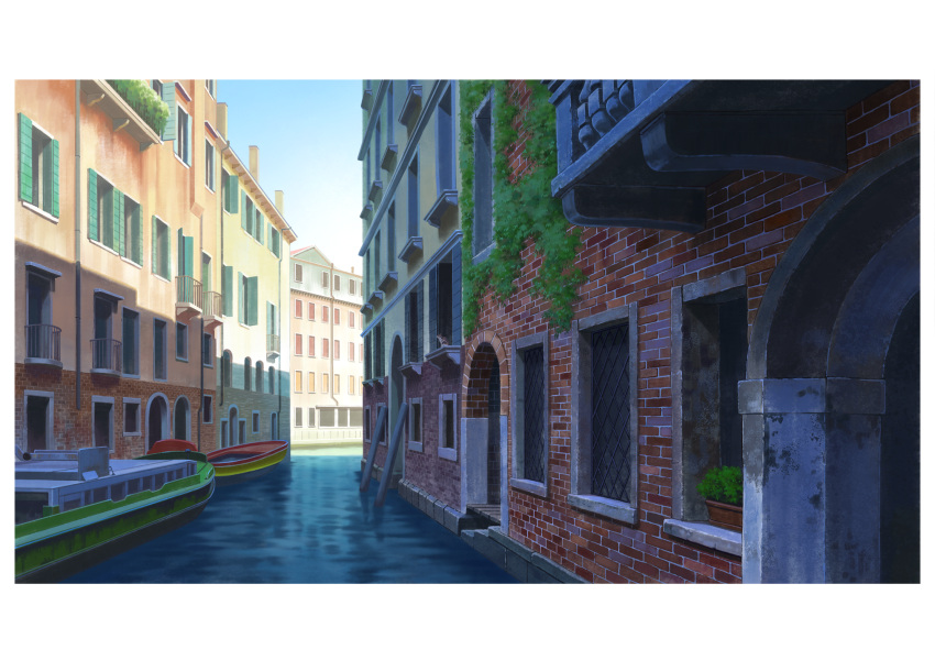 blue_sky boat brick_wall building canal european_architecture hariken highres italy letterboxed no_humans original scenery shade sky still_life venice watercraft window