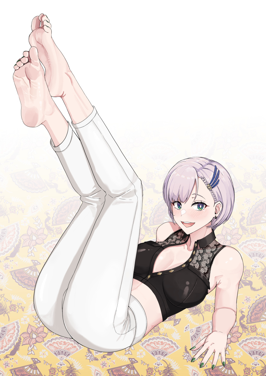 1girl absurdres aqua_eyes armpit_crease ass asymmetrical_hair barefoot breasts cleavage collared_shirt crop_top eyelashes feet full_body gradient_background green_nails highres hololive hololive_indonesia kuon_bb lace_trim large_breasts legs legs_up light_purple_hair looking_at_viewer lying midriff nail_polish on_back open_mouth pants pavolia_reine shirt short_hair sleeveless sleeveless_shirt soles solo teeth thighs toe_scrunch toenail_polish toenails toes upper_teeth_only virtual_youtuber white_pants