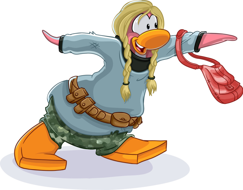 absurd_res avian bird black_clothing black_shirt black_topwear blonde_hair bottomwear braided_pigtails brown_belt camo camo_bottomwear camo_clothing camo_pants camo_print clothing club_penguin female full-length_portrait hair handbag hi_res long_hair looking_aside official_art open_mouth pants pattern_bottomwear pattern_clothing pattern_pants penguin portrait ragged_clothing red_bag shirt solo topwear unknown_artist upper_teeth_only white_clothing white_shirt white_topwear