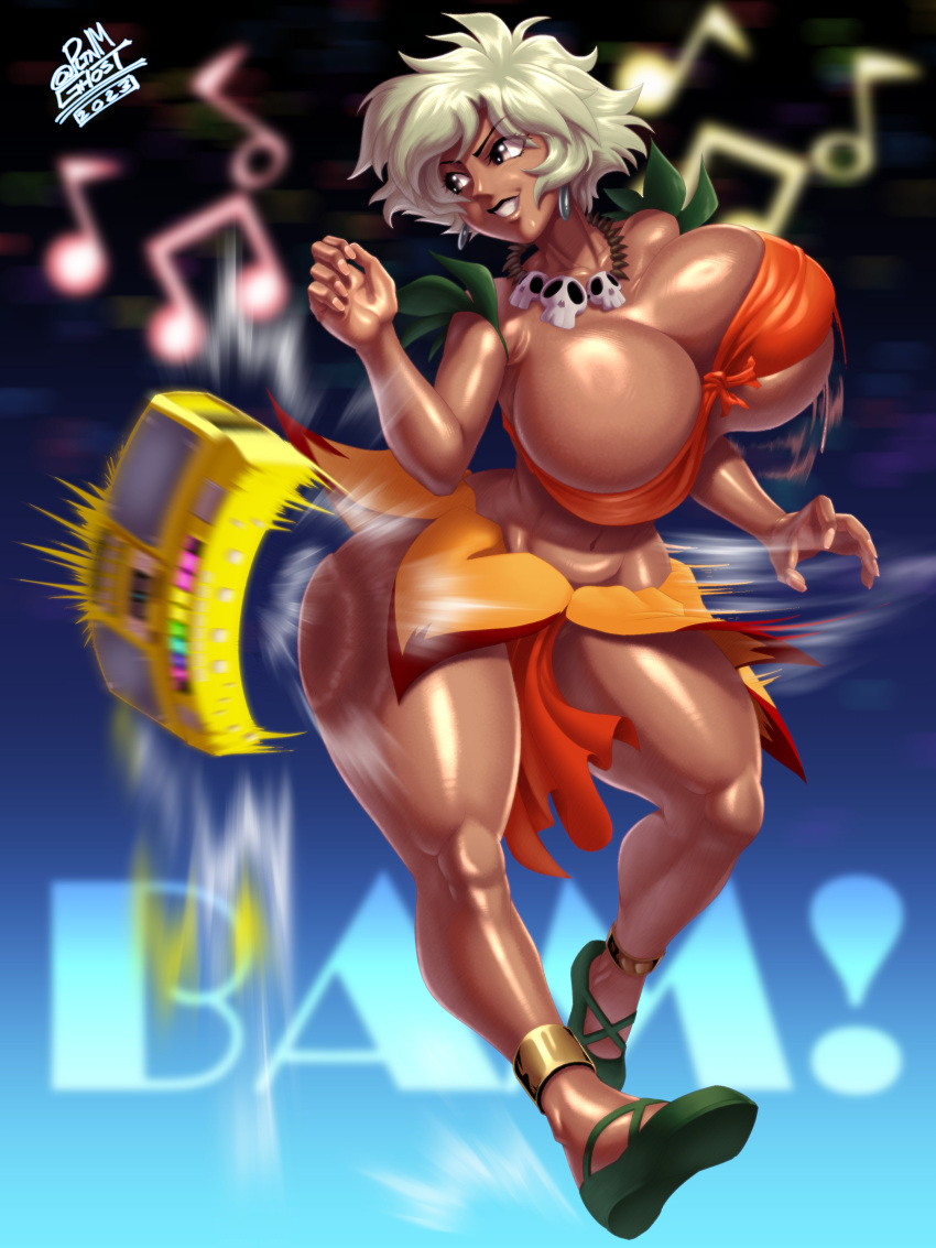 1girl absurdres anklet blonde_hair boombox bouncing_breasts breasts crystal_earrings dancing dark_skin earrings english_commentary flower_skirt front-tie_top highres huge_breasts jewelry jungle_de_ikou leaf_skirt mii_(jungle_de_ikou) musical_note necklace pltnm_ghost short_hair skull_necklace watermark