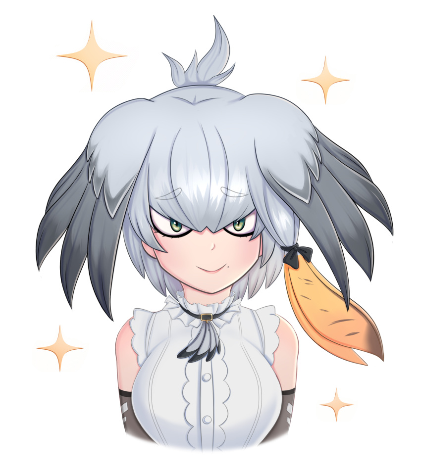 animal_humanoid avian avian_humanoid bird bird_humanoid blush clothing eyebrow_through_hair eyebrows eyelashes feathers female green_eyes grey_body grey_feathers grey_hair hair hair_between_eyes hi_res humanoid jewelry kemono_friends light-skinned_female light_body light_skin looking_at_viewer necklace nipples pelecaniform pelecaniform_humanoid ribbons shoebill_(kemono_friends) shoebill_humanoid simple_background solo tanatos_aaa translucent translucent_hair white_background