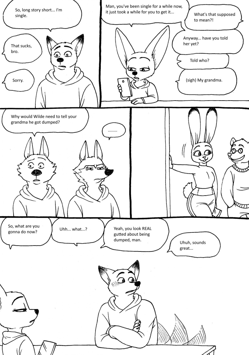 2023 5_fingers anthro badger bernielover bernielover's_college_au blush breasts canid canine canis cellphone claws clothed clothing comic dialogue disney english_text female fennec finger_claws fingers finnick_(zootopia) fox fur group hi_res hoodie judy_hopps lagomorph leporid male male/female mammal monochrome mustelid musteline nick_wilde phone rabbit red_fox smartphone speech_bubble tail tail_motion tailwag text topwear wolf zootopia