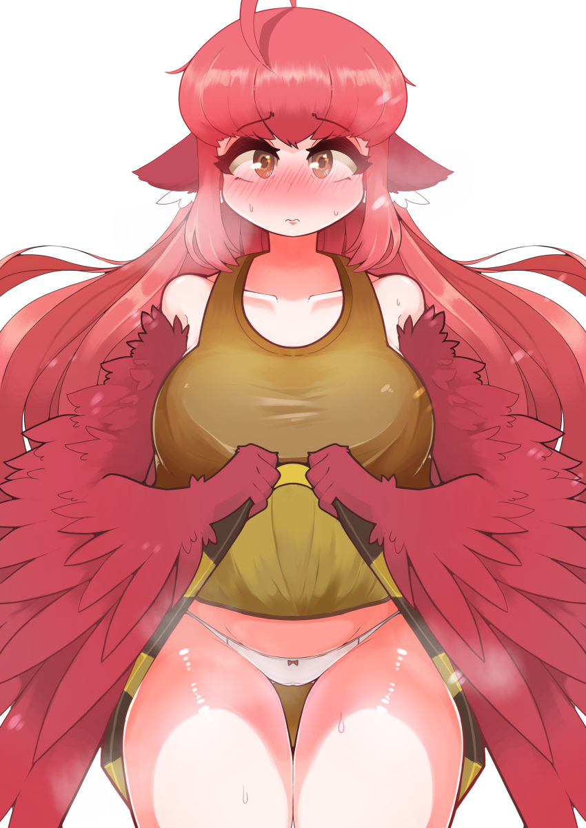 1girl absurdres ahoge animal_ears bare_shoulders bird_ears blush bow bow_panties breasts brown_eyes brown_tank_top clothes_lift coco_(eogks) feathered_wings feathers harpy highres large_breasts lifted_by_self long_hair monster_girl nn_(eogks) original panties red_feathers red_hair red_wings simple_background skirt skirt_lift tank_top thigh_gap underwear very_long_hair white_background white_panties winged_arms wings yellow_skirt