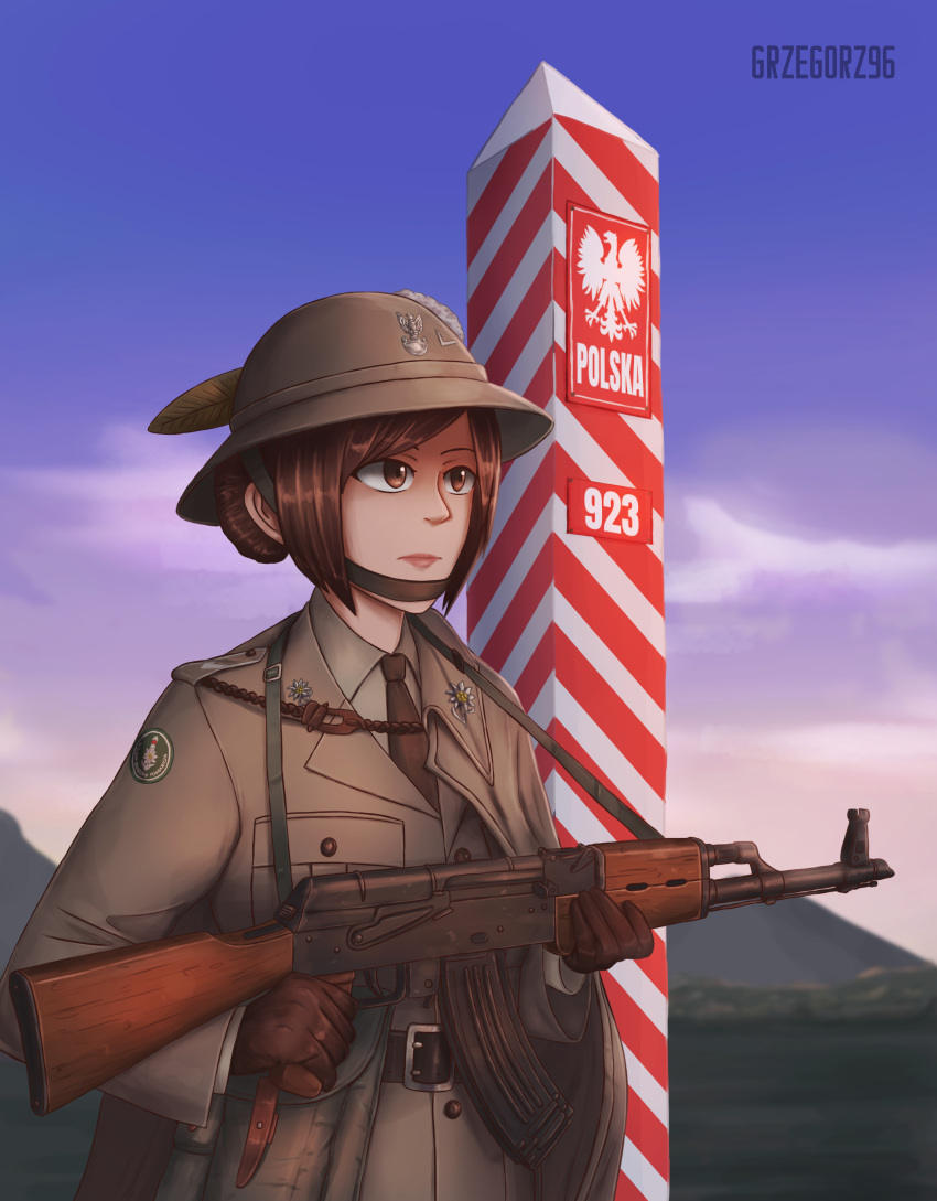 1girl absurdres artstation_sample brown_eyes brown_hair character_request cold_war drawing grzegorz1996 highres image_sample kalashnikov_rifle military military_uniform poland polish_army soldier uniform