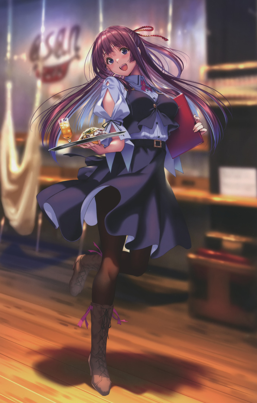 1girl absurdres blurry blurry_background boots breasts cup food full_body hanikami_kanojo highres holding holding_tray indoors long_hair looking_at_viewer medium_breasts open_mouth pantyhose piromizu puffy_sleeves scan shadow short_sleeves simple_background skirt smile solo tray