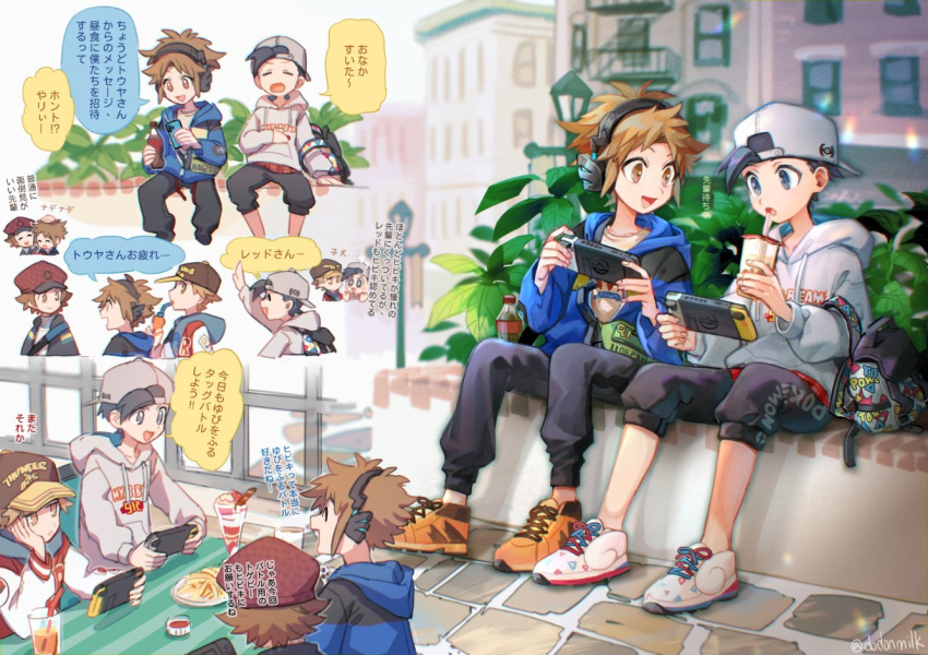 4boys :d :o arm_up black_pants bottle brown_eyes brown_hair building capri_pants commentary_request cup day dessert drinking_straw ethan_(pokemon) food handheld_game_console hat hilbert_(pokemon) holding holding_bottle holding_cup holding_handheld_game_console hood hood_down hoodie huan_li male_focus multiple_boys multiple_views nate_(pokemon) nintendo_switch open_mouth orange_footwear outdoors pants plate pokemon pokemon_(game) pokemon_bw pokemon_bw2 pokemon_frlg pokemon_hgss red_(pokemon) shoes short_hair sitting smile speech_bubble table tassel translation_request white_footwear white_hoodie window