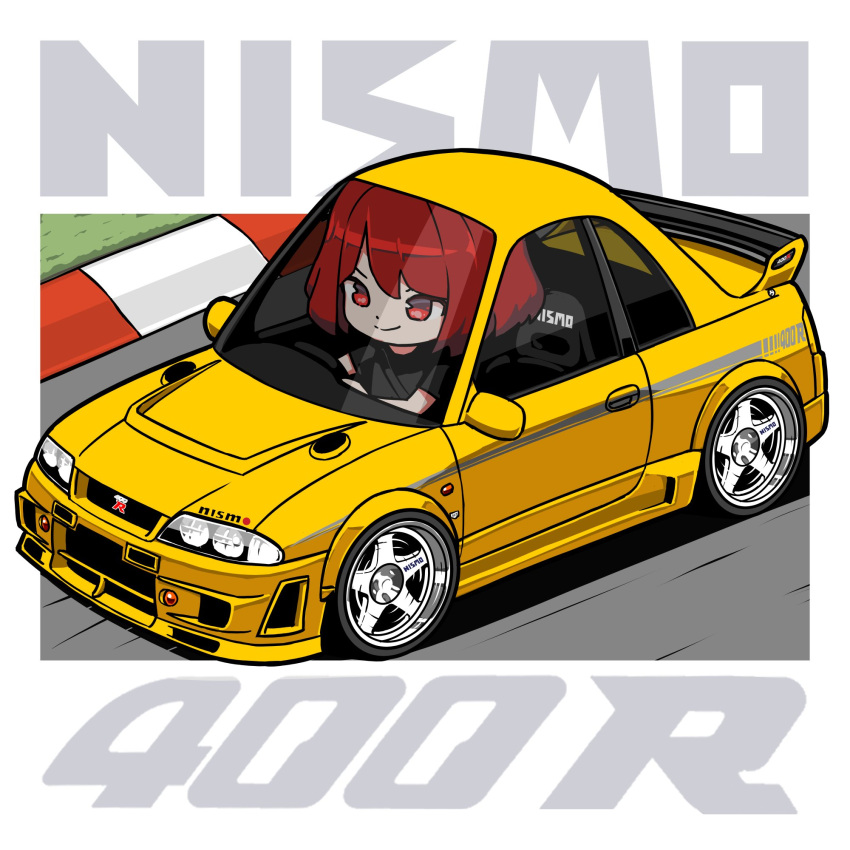 1girl bimbombash black_shirt car chibi driving highres motor_vehicle nissan nissan_skyline nissan_skyline_gt-r nissan_skyline_r33 original red_eyes red_hair shirt short_hair smile solo spoiler_(automobile) sports_car t-shirt vehicle_focus yellow_car