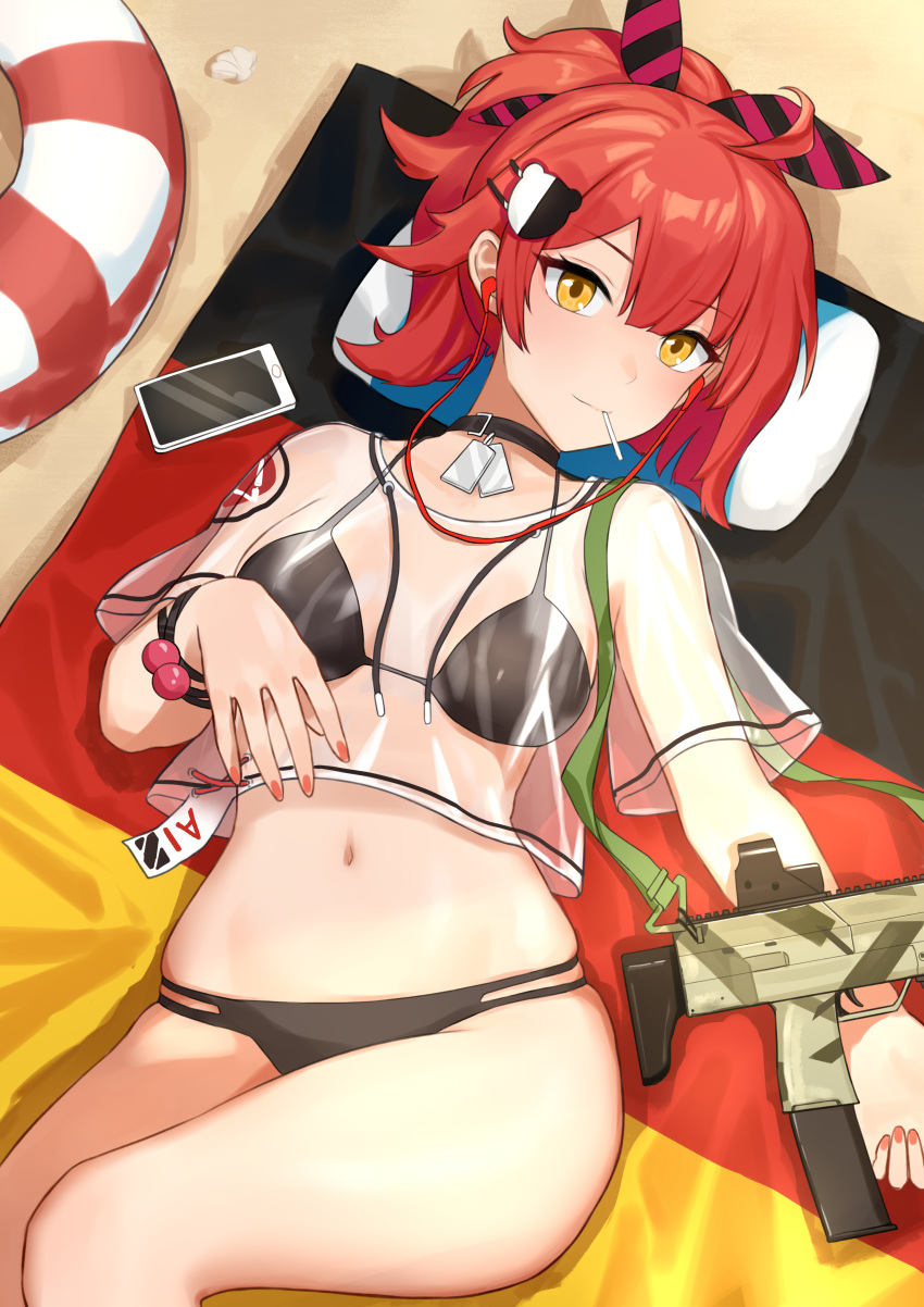 1girl absurdres beach bikini candy cellphone choker earbuds earphones food girls'_frontline gun h&amp;k_mp7 hair_ribbon high_ponytail highres lollipop looking_at_viewer lying mp7_(girls'_frontline) mp7_(lollipop_ammo)_(girls'_frontline) navel on_back orange_eyes phone red_hair red_nails ribbon see-through see-through_shirt simobulanka skindentation smartphone solo submachine_gun swimsuit weapon